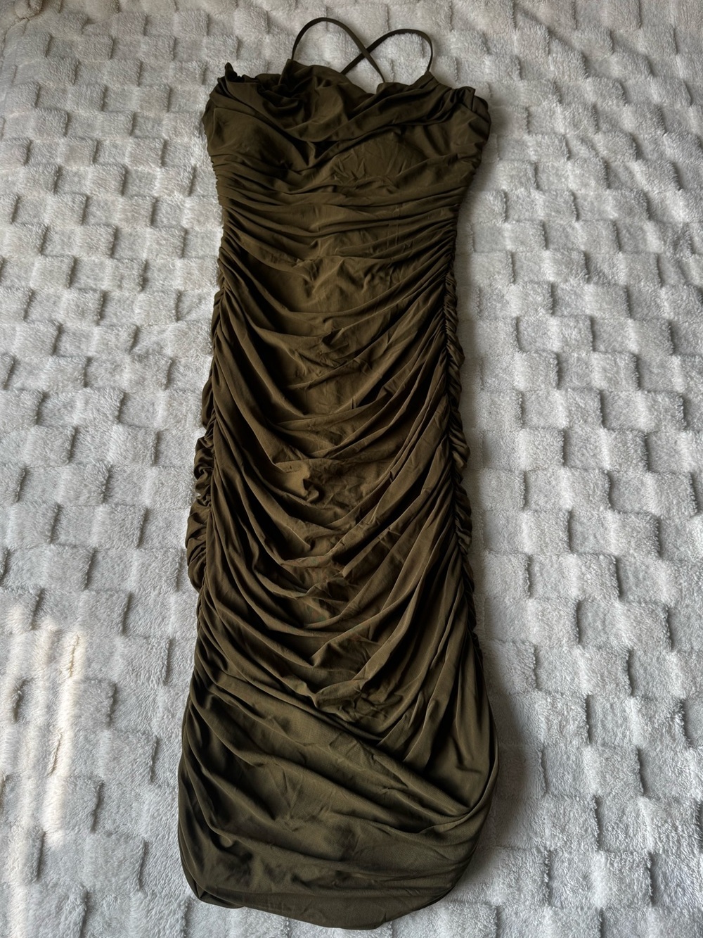 Shapellx Olive Ruched Bodycon Cowl Neck Dress - Picture 2 of 6